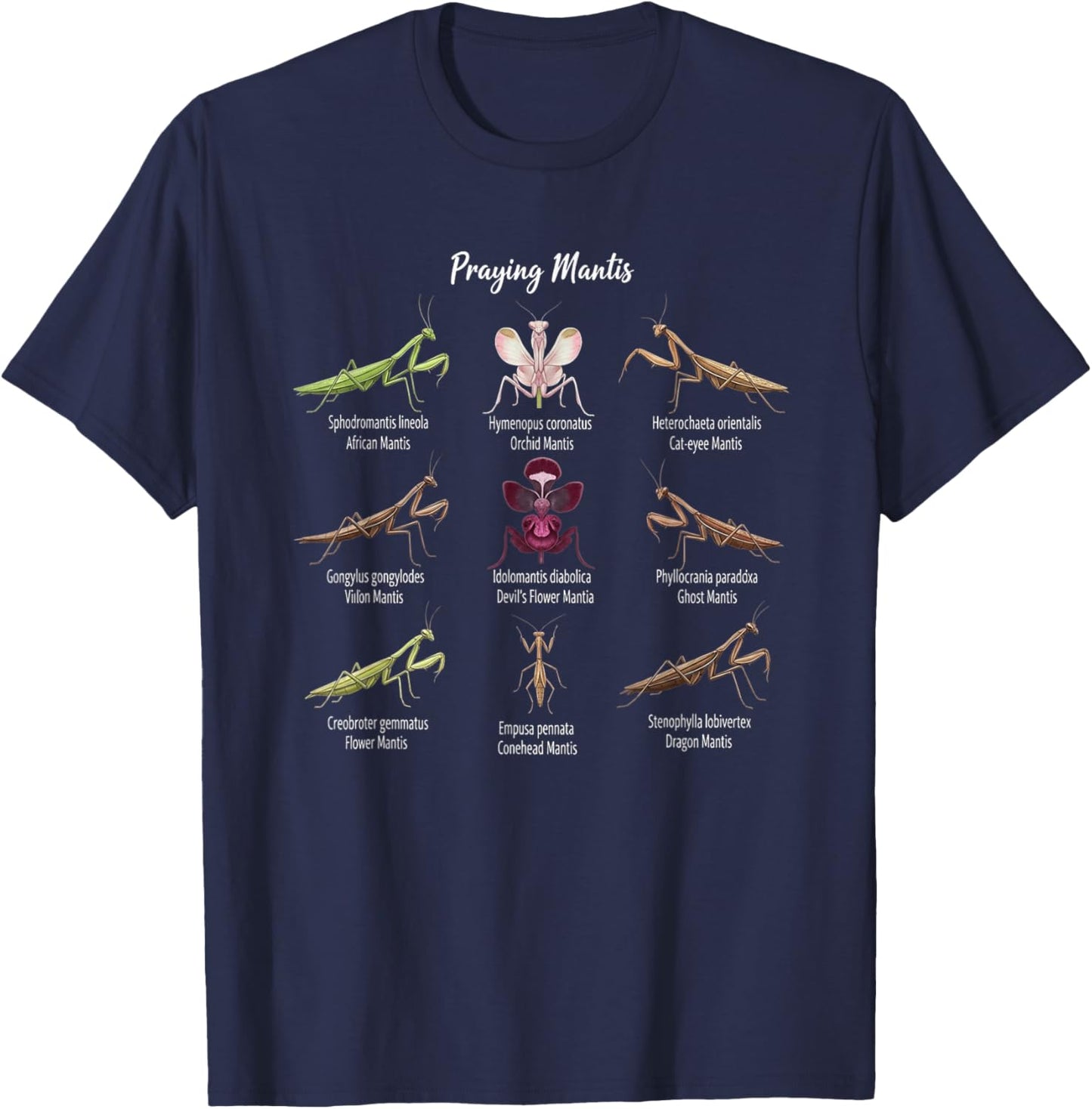 Types Of Praying Mantis Insect Collector Entomologist T-Shirt - T-Shirt | Navy