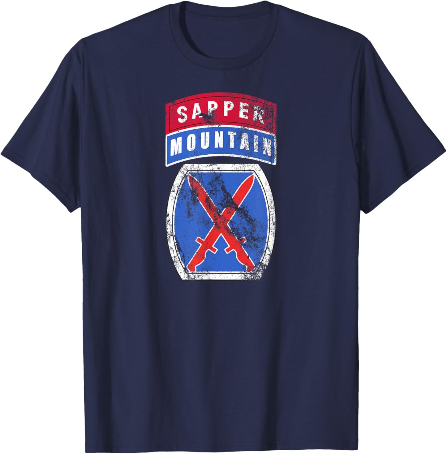 10th Mountain (MTN) Division Patch Sapper Tab Distressed T-Shirt - T-Shirt | Navy