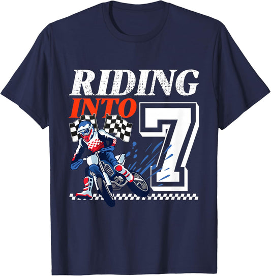 Dirt Bike Riding into 7 Years Motocross 7th Birthday Party T-Shirt - T-Shirt | Navy