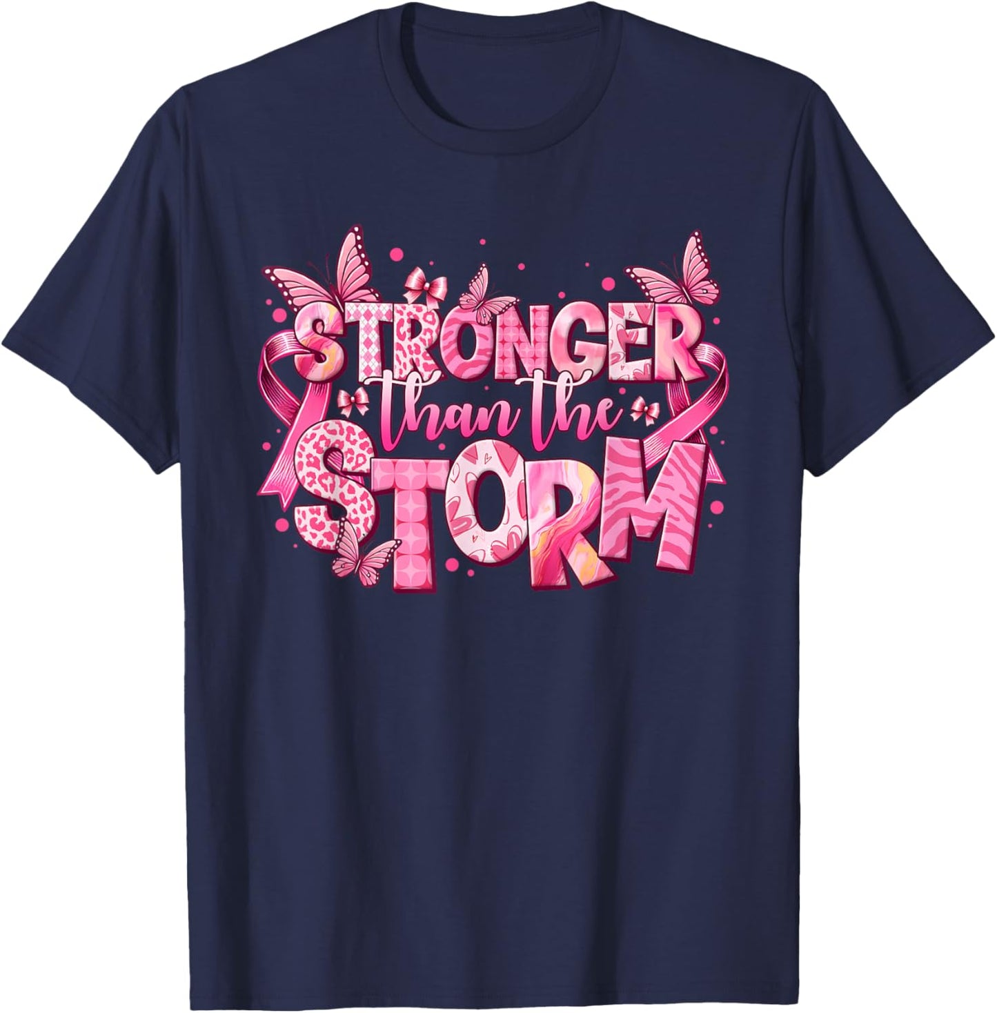 Stronger Than The Storm Pink Ribbon Breast Cancer Awareness T-Shirt - T-Shirt | Navy