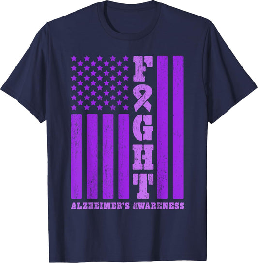 Fight Alzheimer's Awareness American Flag Purple Ribbon T-Shirt - T-Shirt | Navy