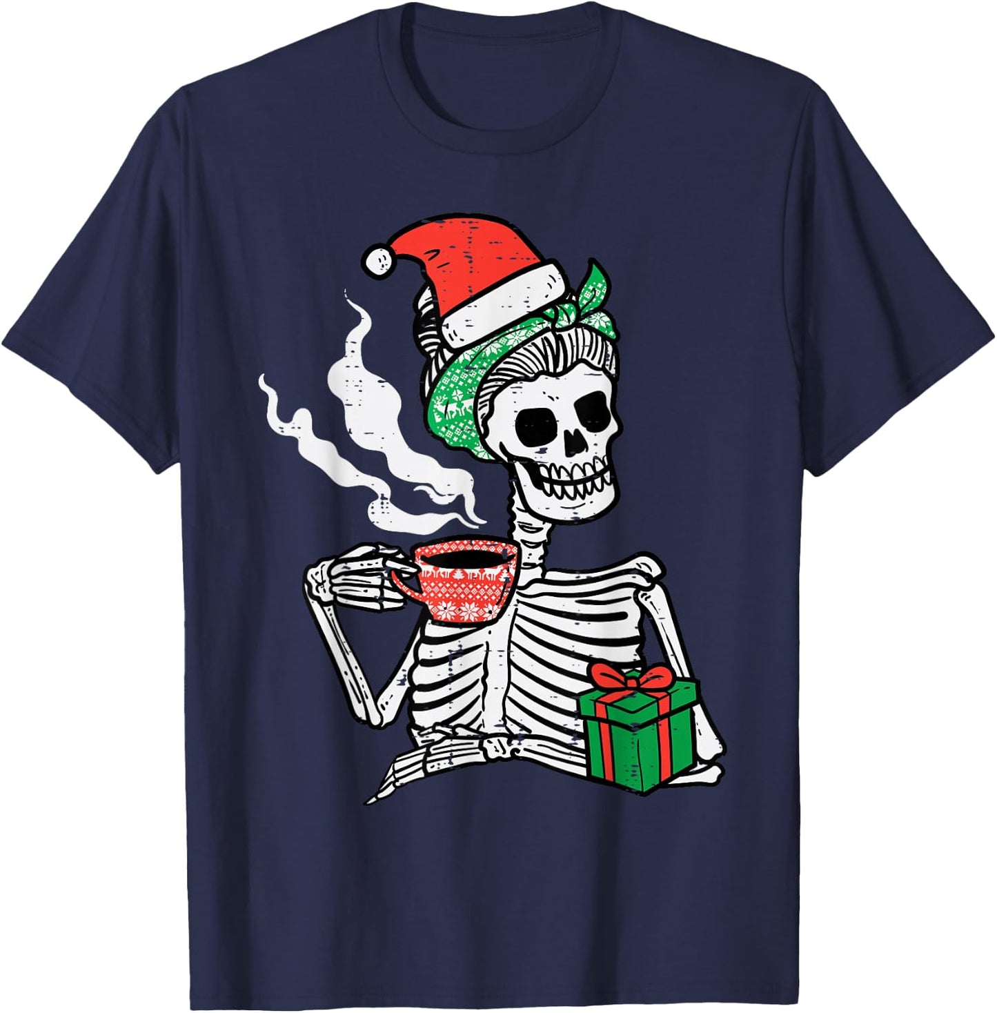 Woman Skeleton Santa Coffee Xmas Christmas Women Mom T-Shirt - T-Shirt | Navy