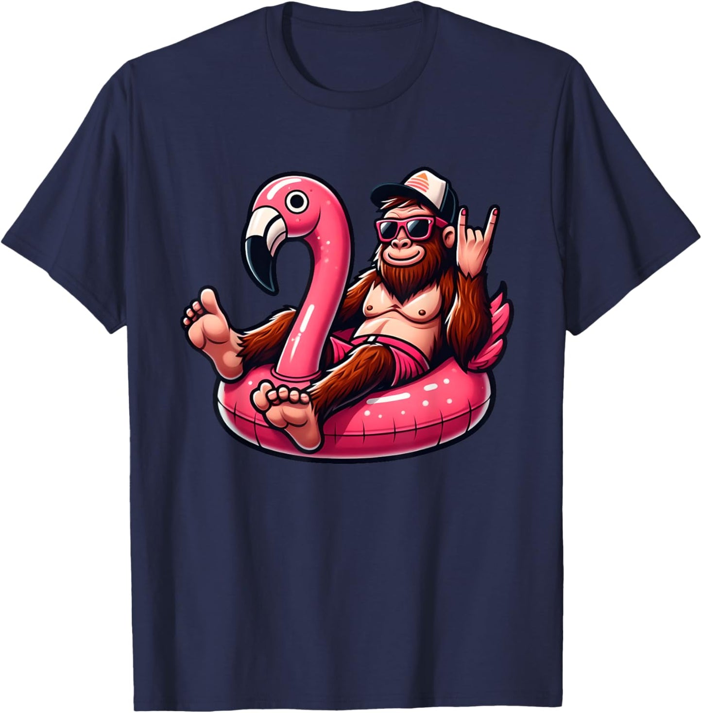 Bigfoot Chilling on Pink Flamingo Pool Float Beach Vacation T-Shirt - T-Shirt | Navy