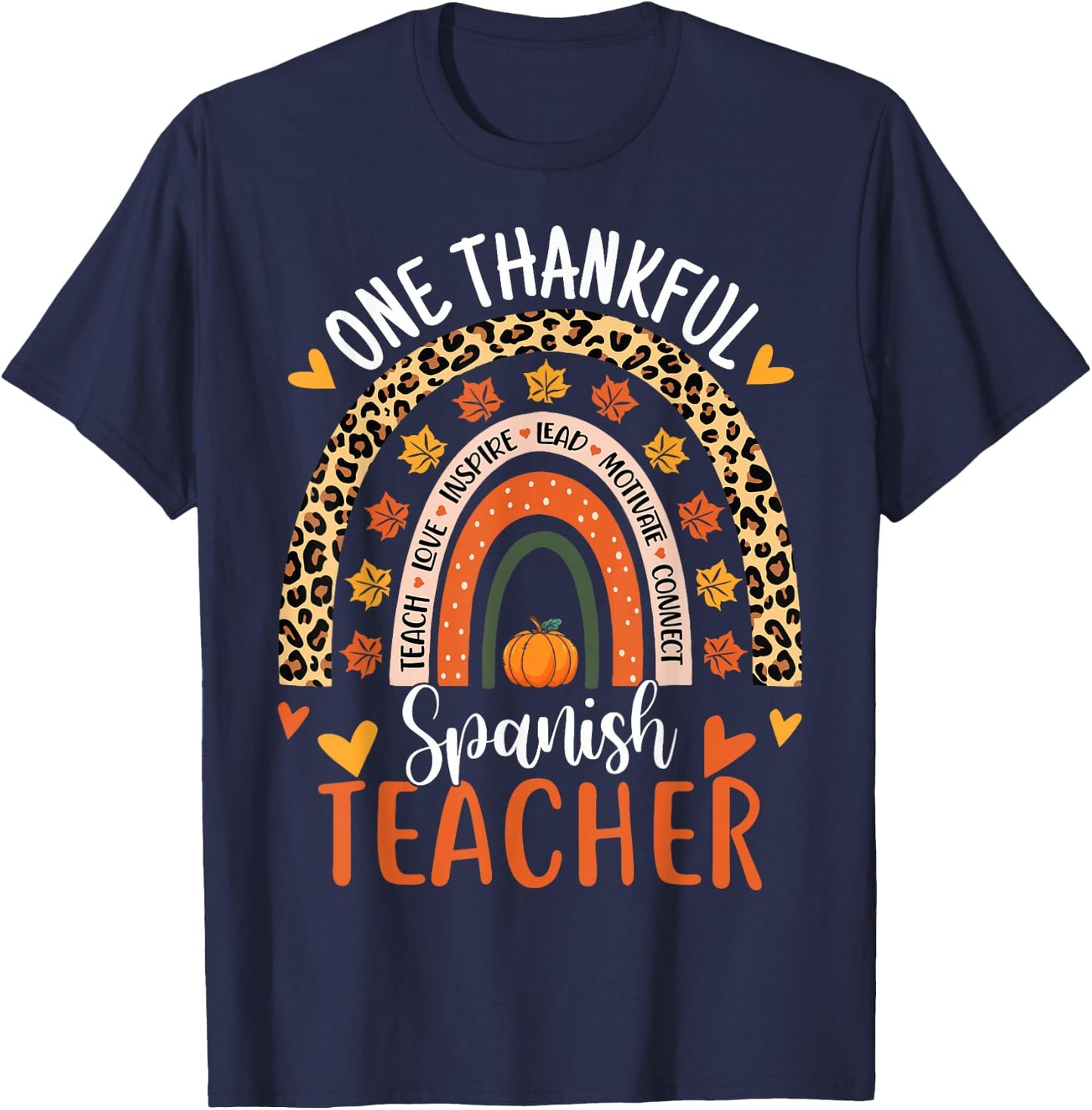 One Thankful Spanish Teacher Thanksgiving Bilingual Teacher T-Shirt - T-Shirt | Navy