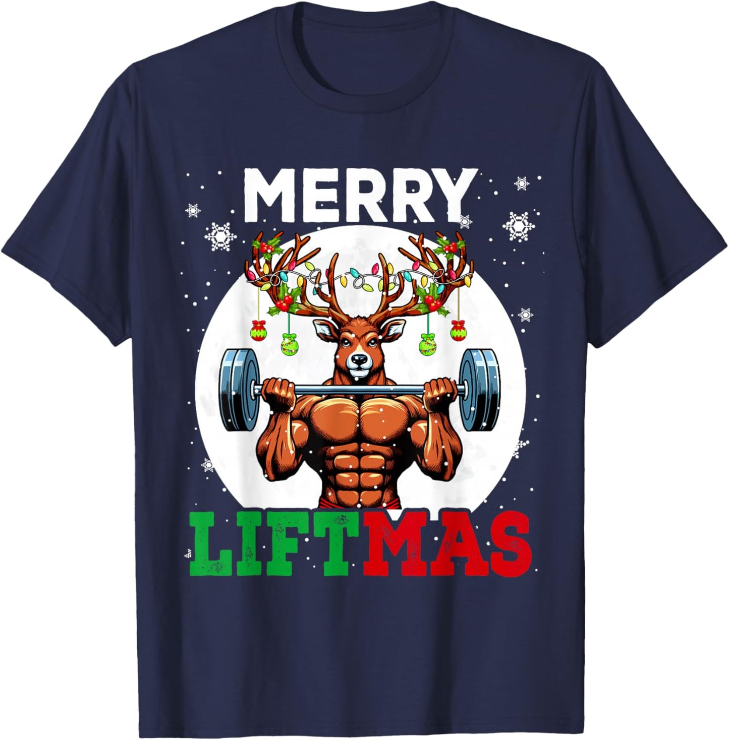 Merry Liftma's Christmas Reindeer Weightlifting Gym Workout T-Shirt - T-Shirt | Navy