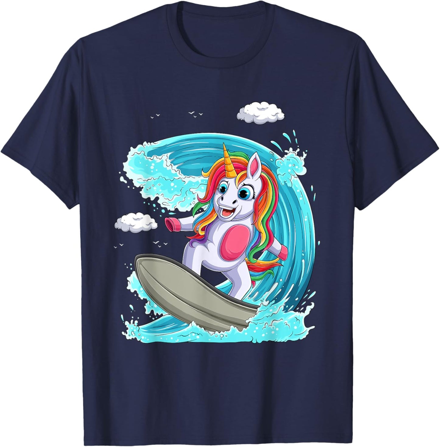 Cute Unicorn Girls Women Unicorn Surfing on Rainbow Wave T-Shirt - T-Shirt | Navy