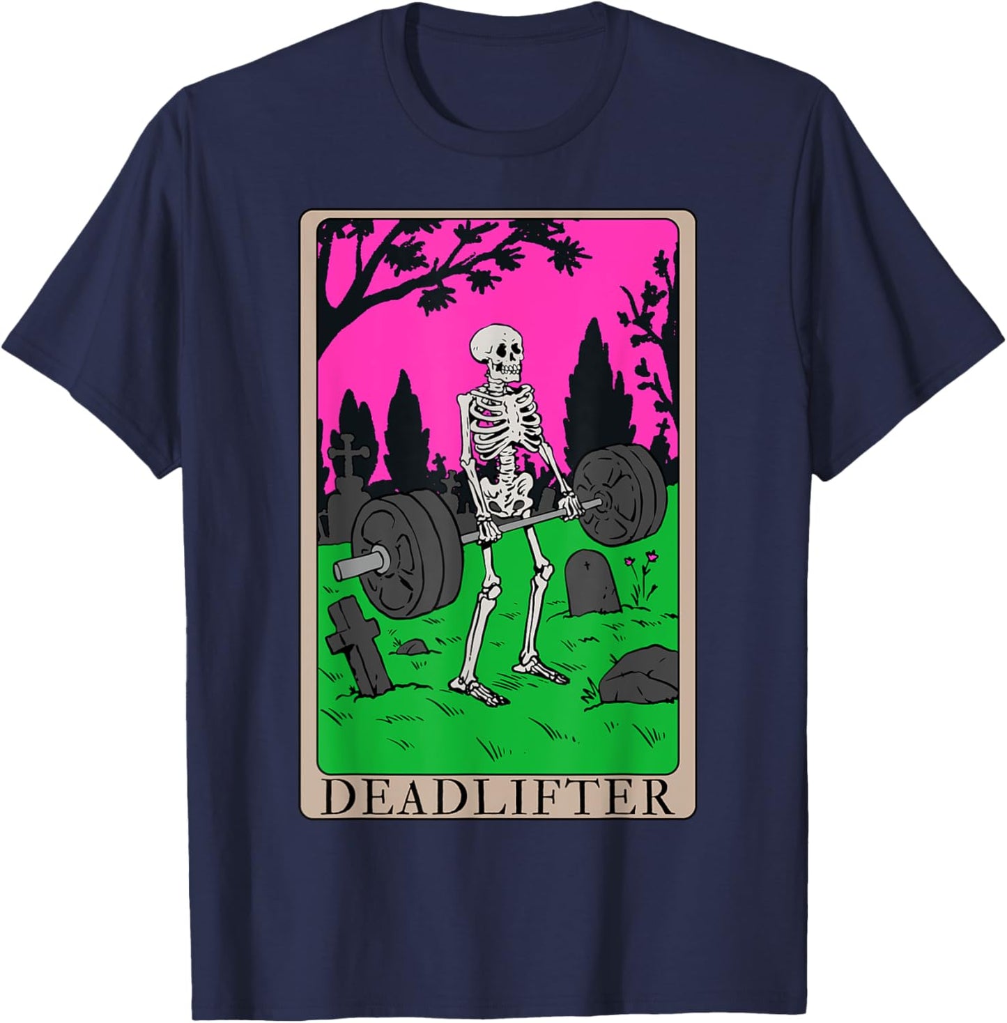 Funny Tarot Card Deadlifter Skeleton Graveyard Workout Art T-Shirt - T-Shirt | Navy