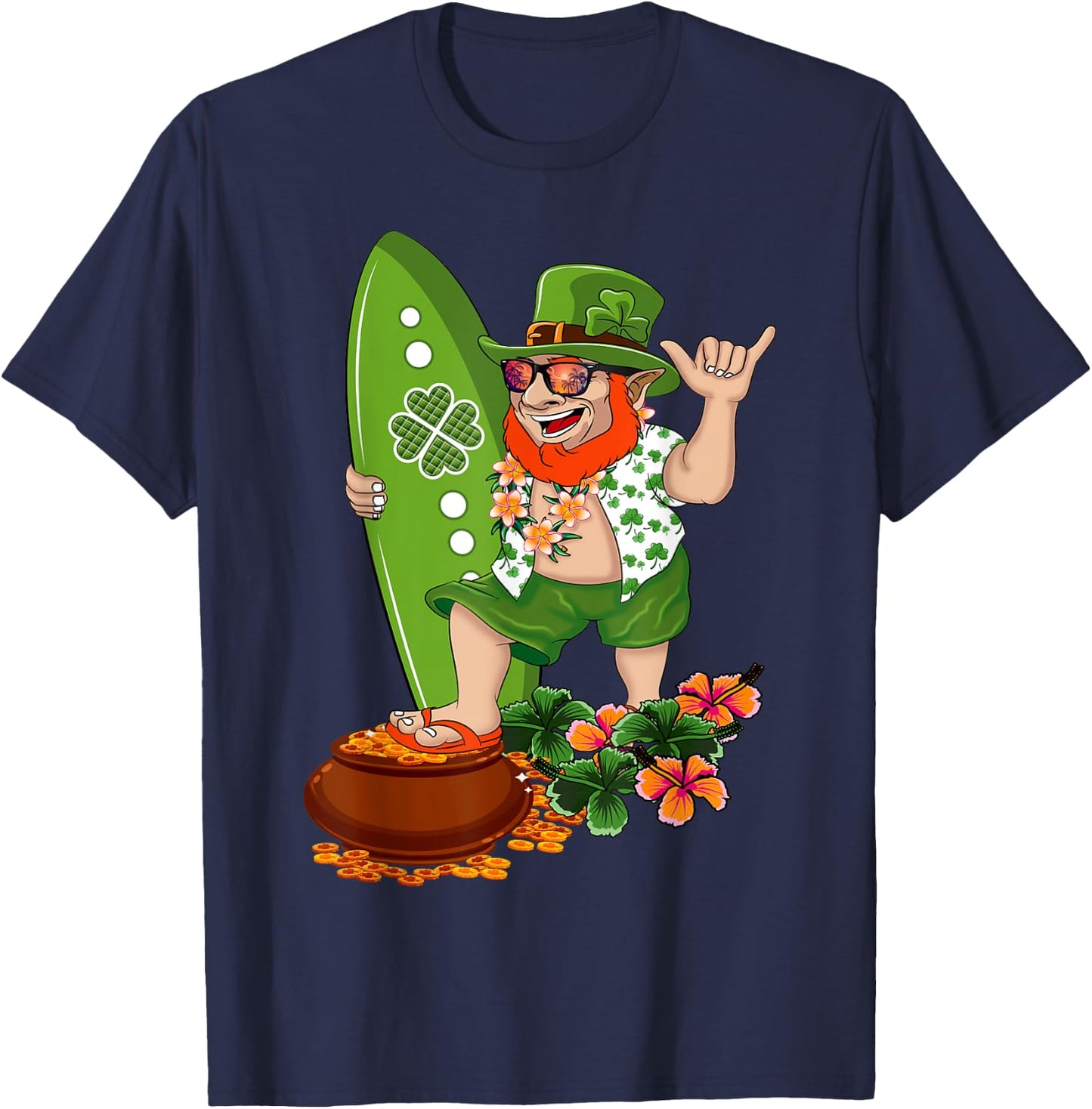 St Patricks Day Green Hawaiian Irish Leprechaun Surfer Shaka T-Shirt - T-Shirt | Navy