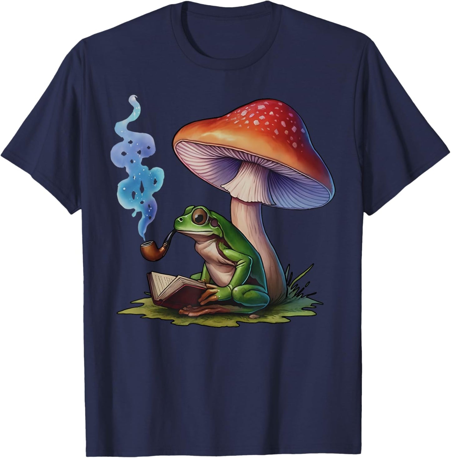 Reading Frog Smoking Mushroom Funny Frog Weed Smokers T-Shirt - T-Shirt | Navy