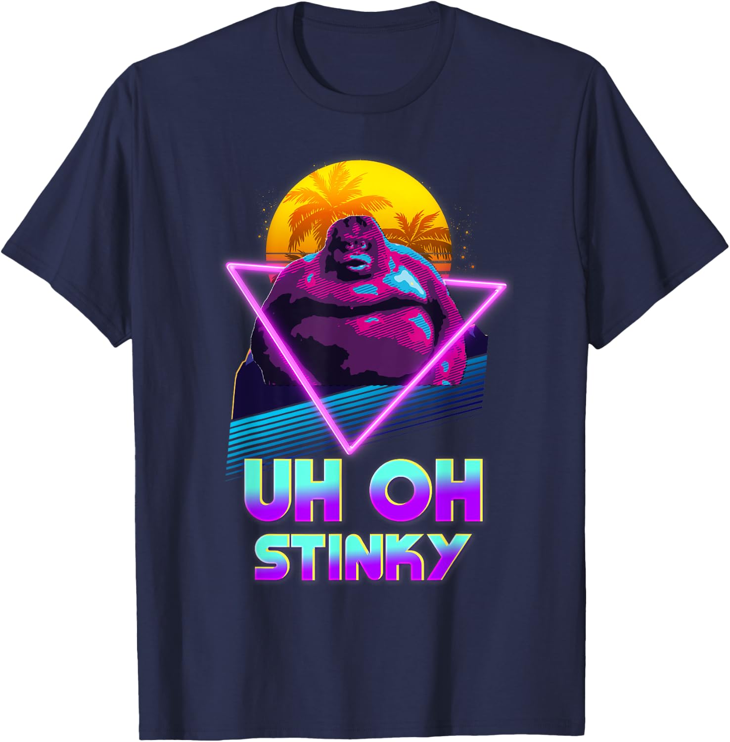 Uh Oh Stinky Poop Le Monke 80s Vaporwave Outrun Style T-Shirt - T-Shirt | Navy