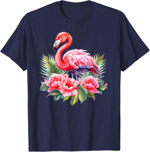 Flamingo Flowers Tropical Watercolor Bird Top T-Shirt - T-Shirt | Navy