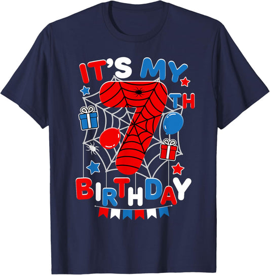 It's My 7th Birthday Spider Theme Party 7 Year Old Boys Kids T-Shirt - T-Shirt | Navy