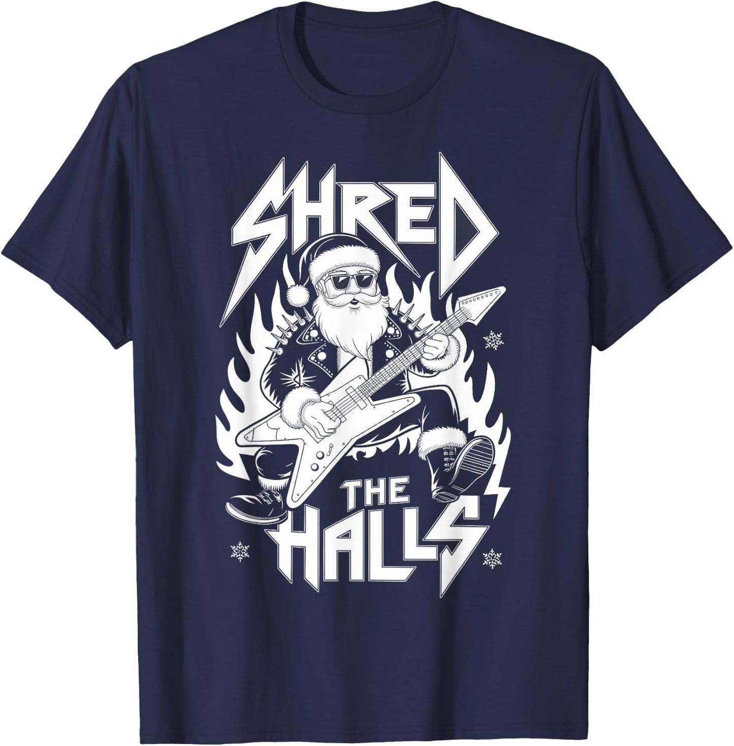 Shred the Halls Christmas Rocker Santa Metalhead Guitarist T-Shirt - T-Shirt | Navy