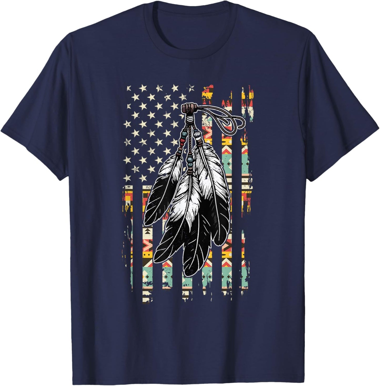 Feathers Indigenous Tribal Native American Flag Vintage T-Shirt - T-Shirt | Navy