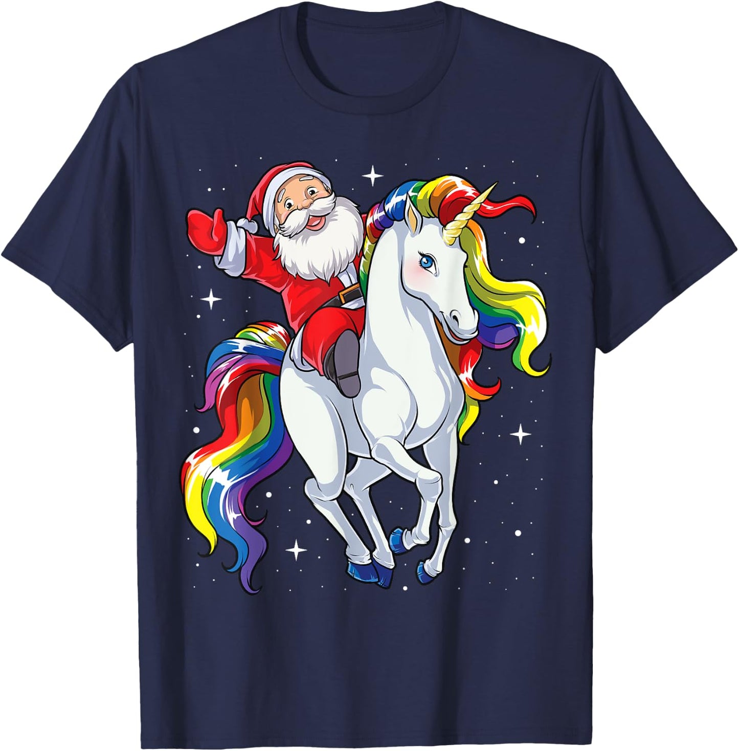 Christmas Santa Riding Unicorn Xmas Girls Women Rainbow T-Shirt - T-Shirt | Navy