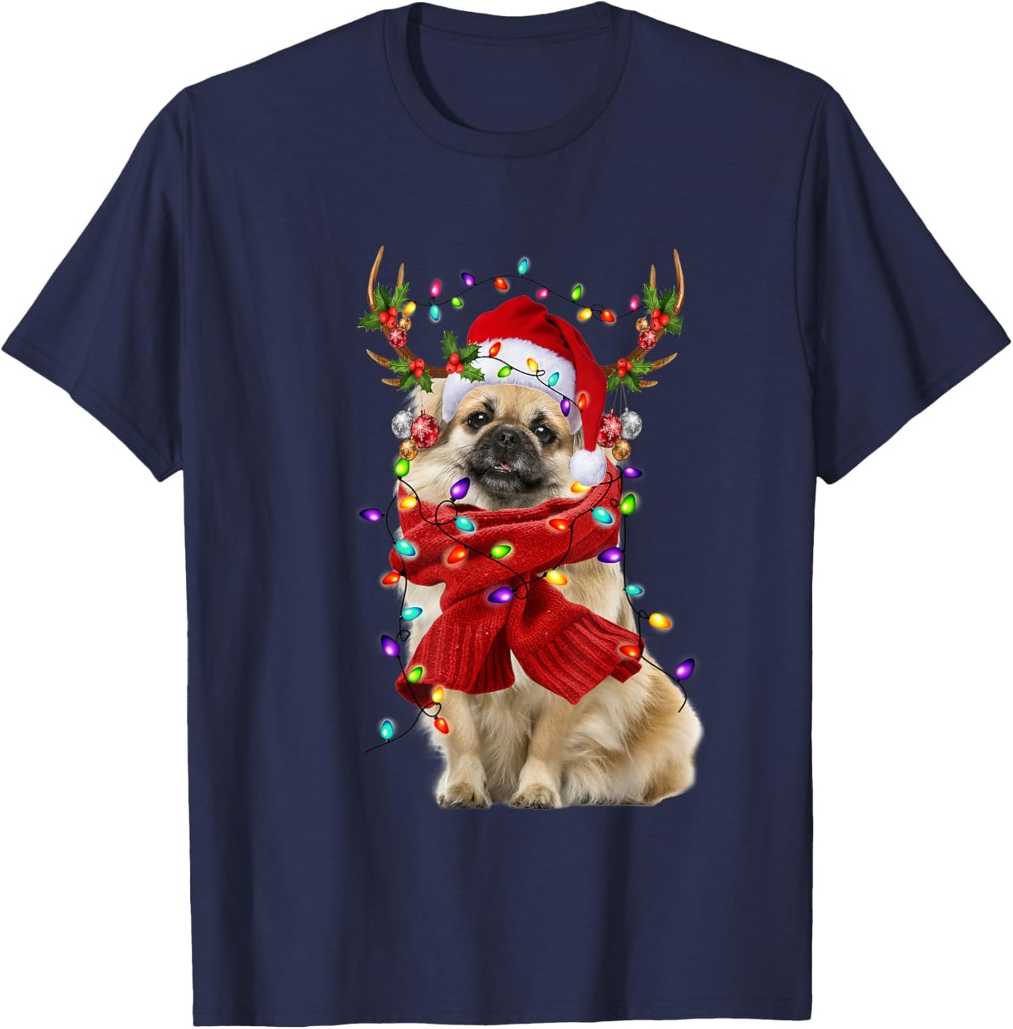 Santa Tibetan Spaniel Dog Reindeer Christmas Lights T-Shirt - T-Shirt | Navy