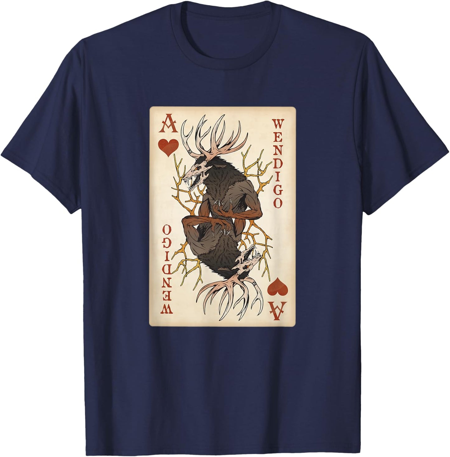 National Introvert Society Wendigo Original Cryptid Playing Card Tarot Ace of Hearts T-Shirt - T-Shirt | Navy