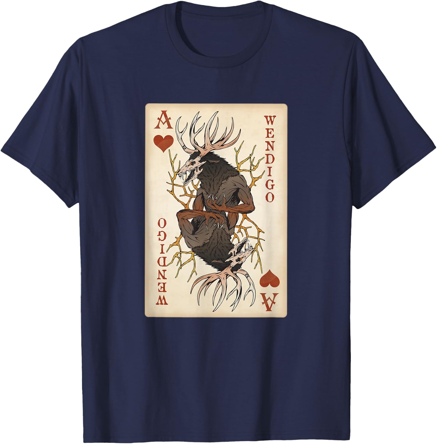 National Introvert Society Wendigo Original Cryptid Playing Card Tarot Ace of Hearts T-Shirt - T-Shirt | Navy