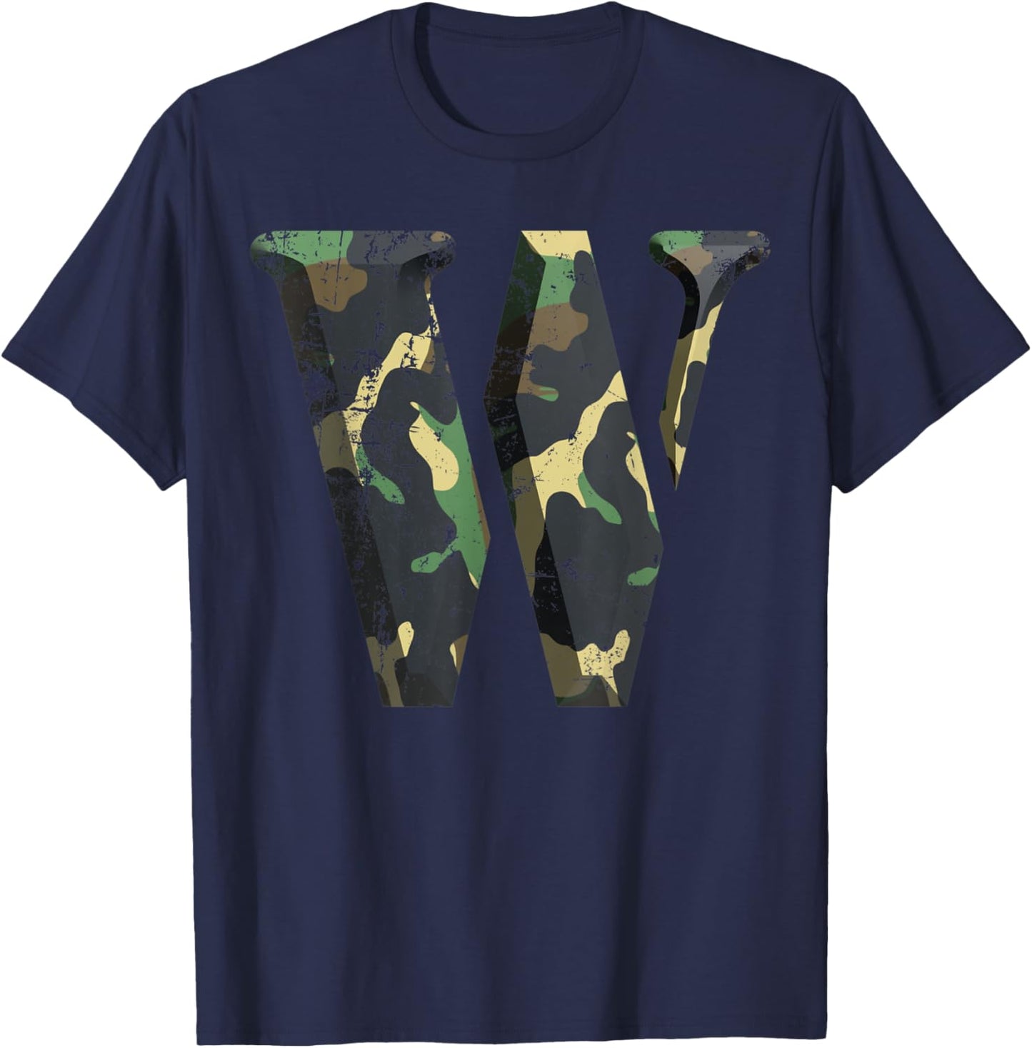 Capital Letter W Stencil Font Army Camo Woodland Camouflage T-Shirt - T-Shirt | Navy