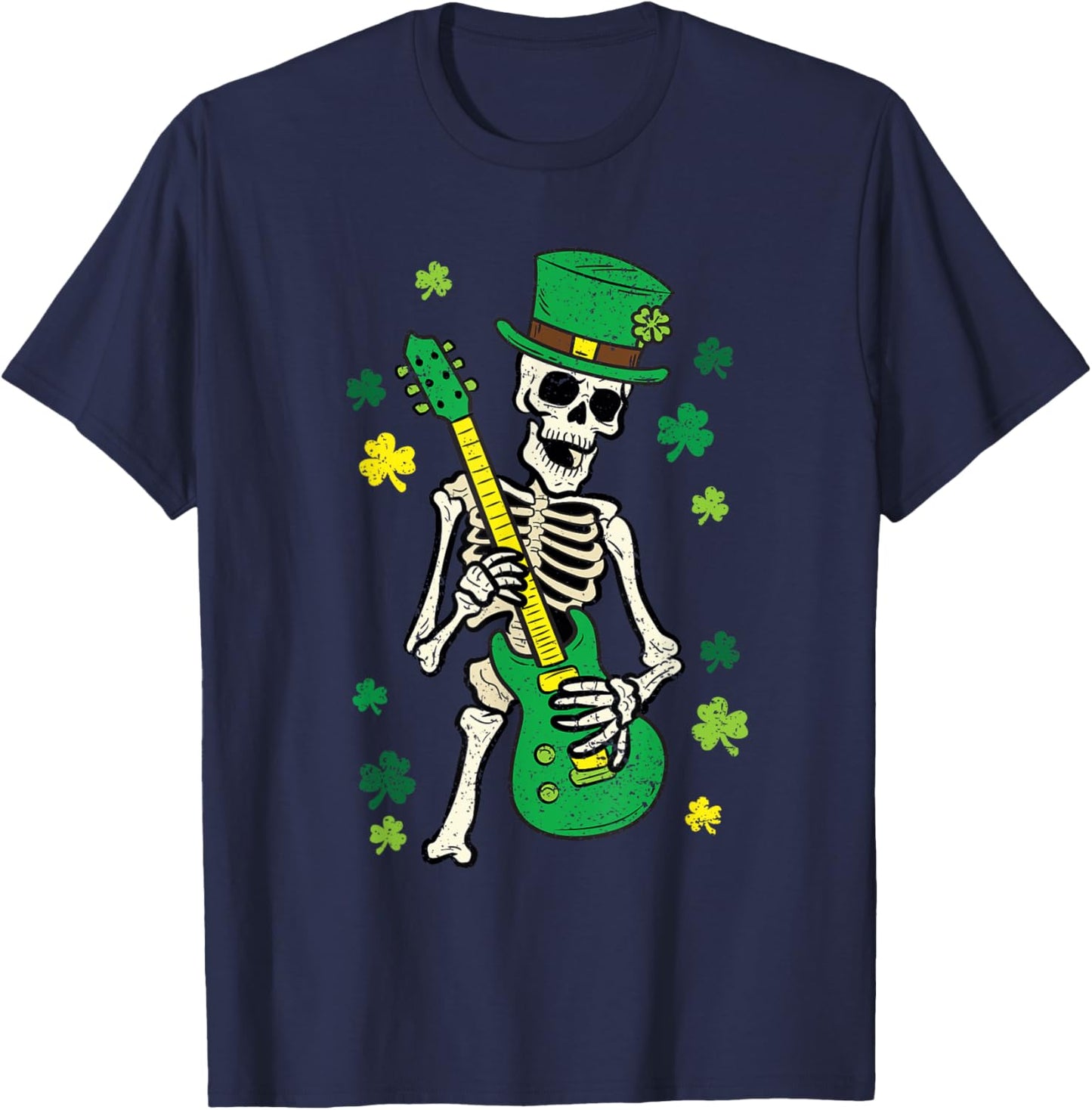 Skeleton Playing Guitar St Patricks Day Leprechaun Shamrock T-Shirt - T-Shirt | Navy