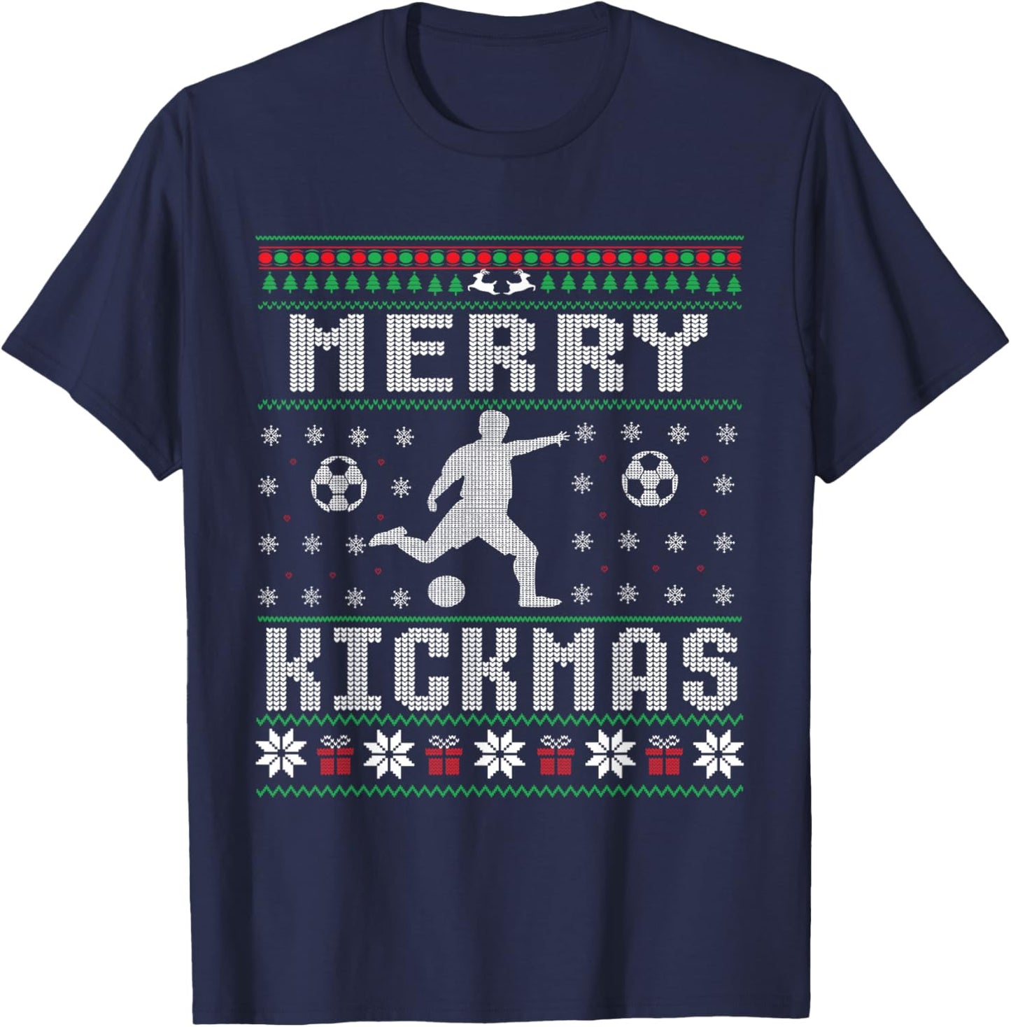 Merry Kickmas Soccer Player Ugly Christmas Sweater T-Shirt - T-Shirt | Navy