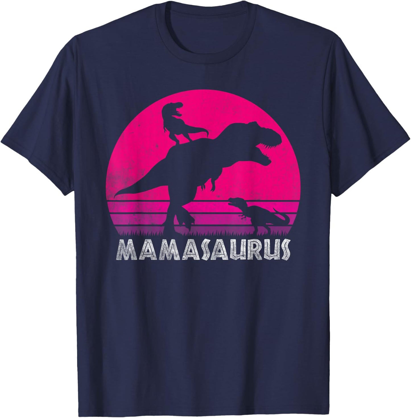 Vintage Retro 2 Kids Mamasaurus Sunset Funny Gift Mother T-Shirt - T-Shirt | Navy