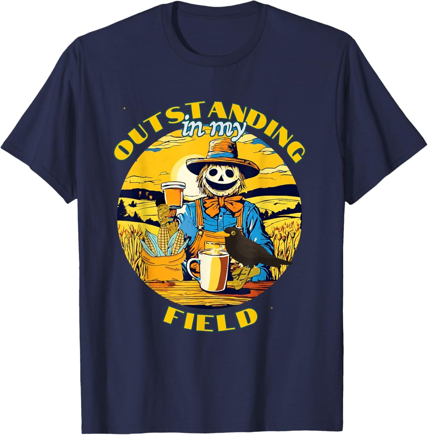 Funny Fall Scarecrow Outstanding in My Field Corn Maze T-Shirt - T-Shirt | Navy