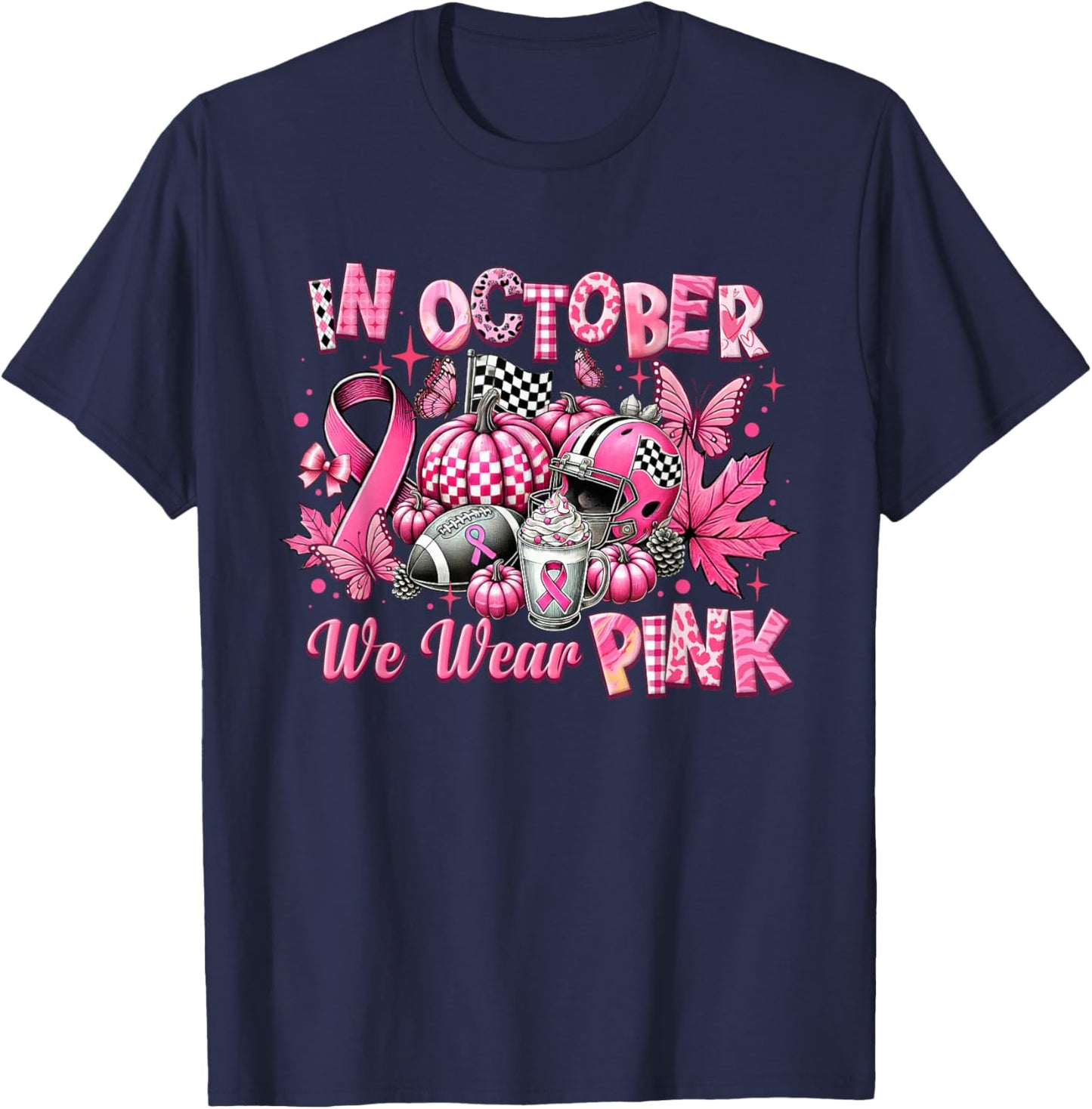 In October We Wear Pink Breast Cancer Pumpkin Football T-Shirt - T-Shirt | Navy