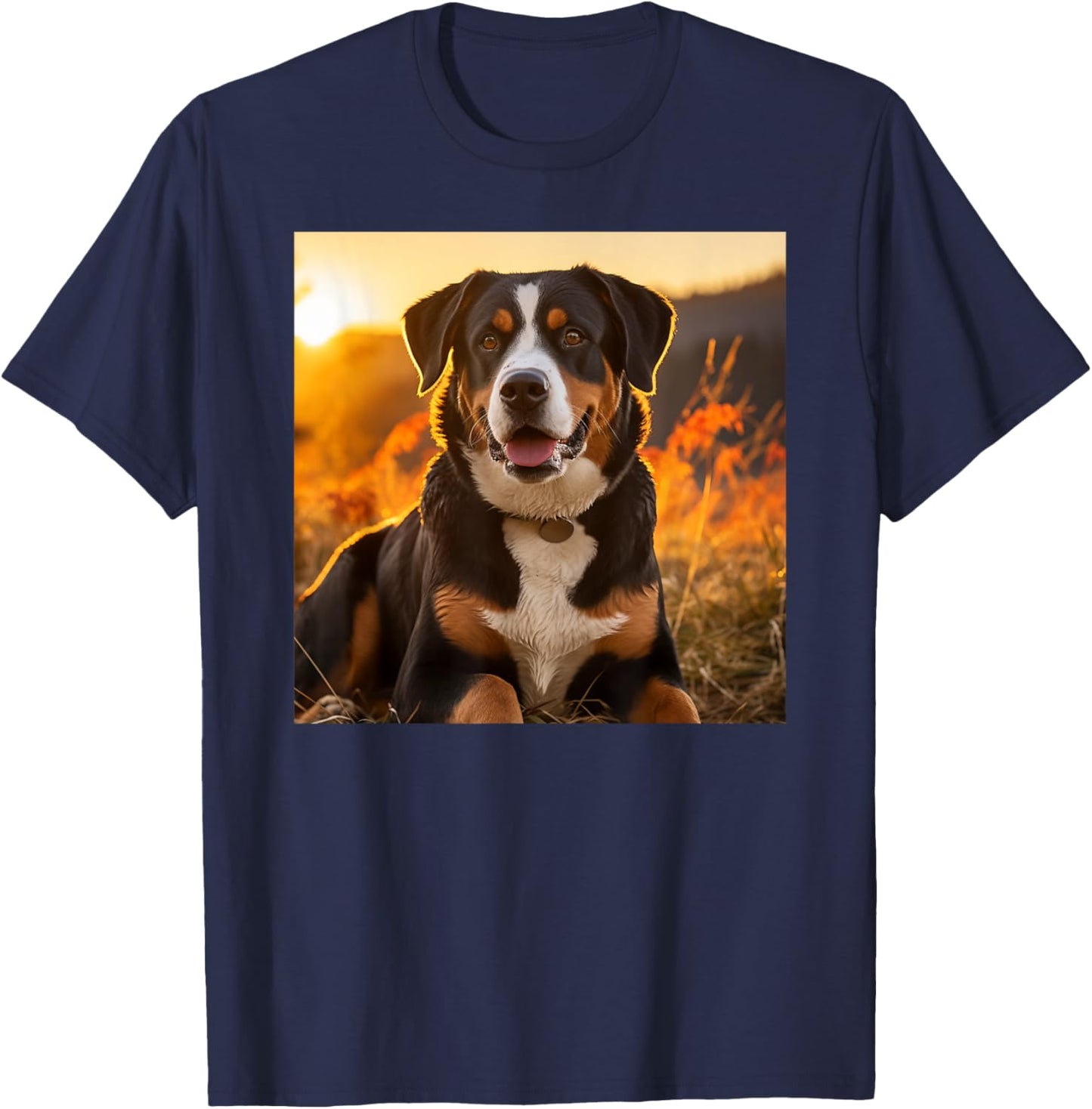 Greater Swiss Mountain Dog Sitting In The Sunset Photography T-Shirt - T-Shirt | Navy