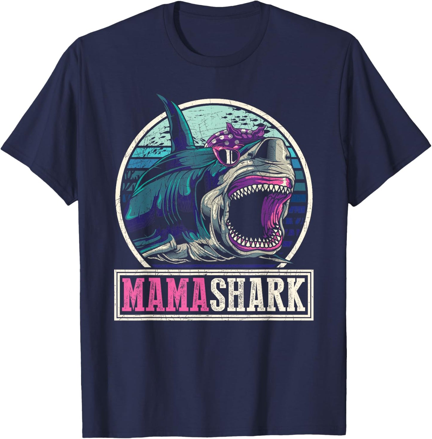 Retro Sea Monster Mommy Gift Whale Animal Family Mama Shark T-Shirt - T-Shirt | Navy