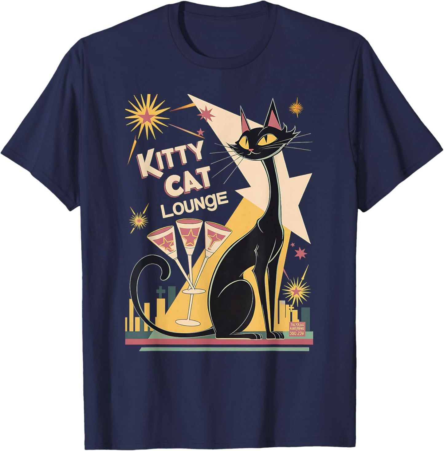 Retro Mid-Century Modern Cat and Cocktails Lounge Theme T-Shirt - T-Shirt | Navy