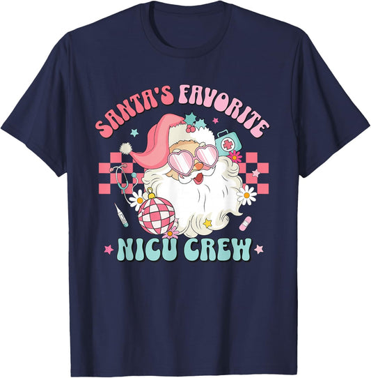 Retro Pink Christmas Neonatal Santa's Favorite NICU Nurse T-Shirt - T-Shirt | Navy
