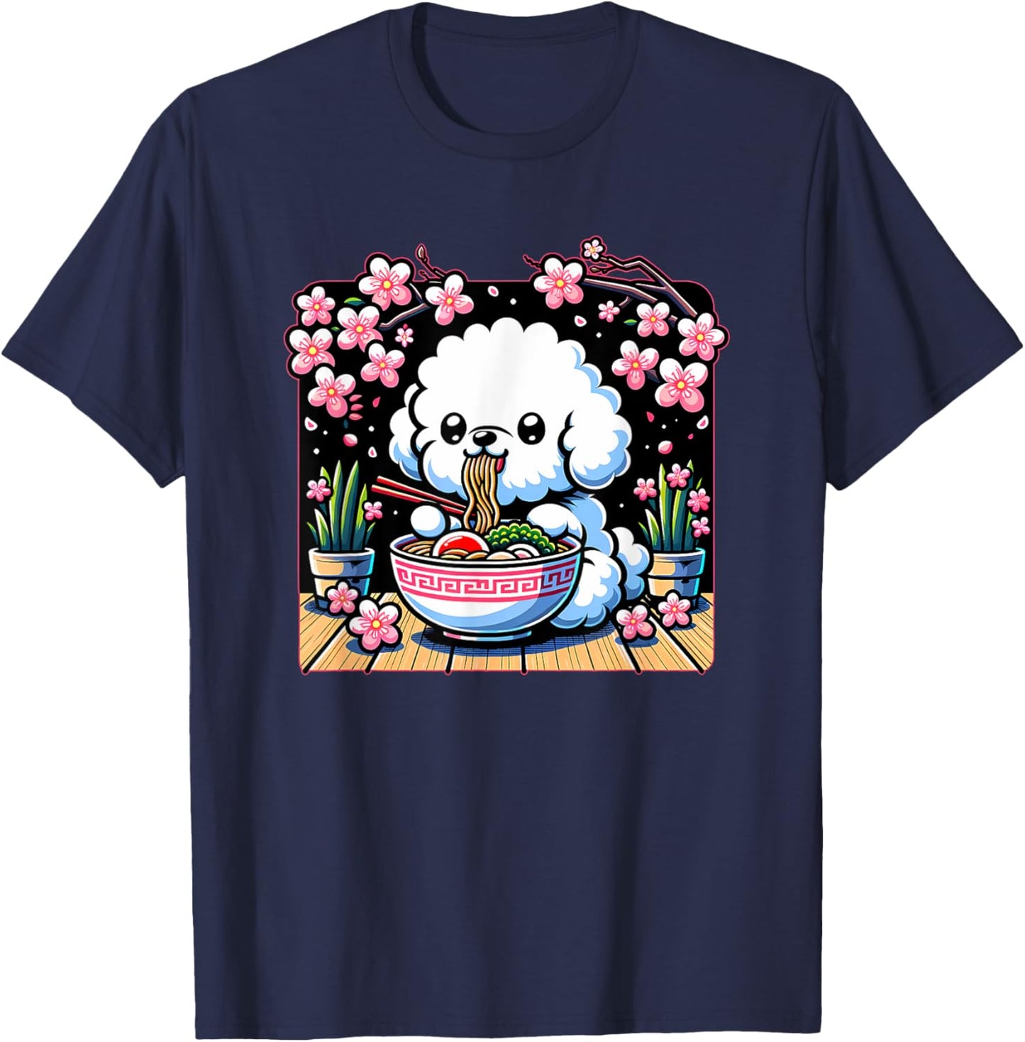 Kawaii Bichon Frise Dog Eating Ramen T-Shirt - T-Shirt | Navy