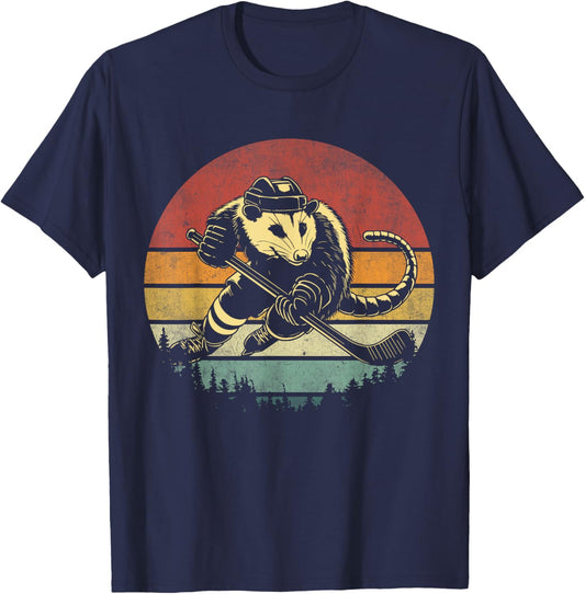 Retro Opossum Playing Hockey Vintage Opossum Hockey Player T-Shirt - T-Shirt | Navy