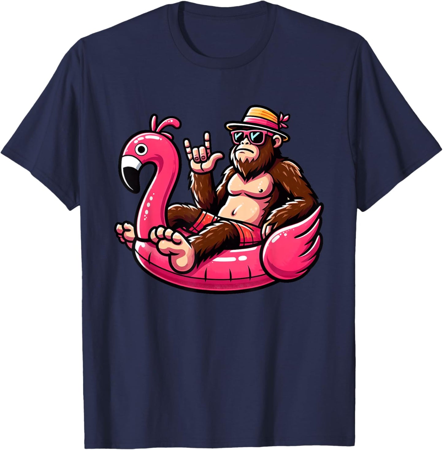 Bigfoot Sasquatch on Flamingo Pool Swimming Hawaii Beaches Men Women Kids T-Shirt - T-Shirt | Navy