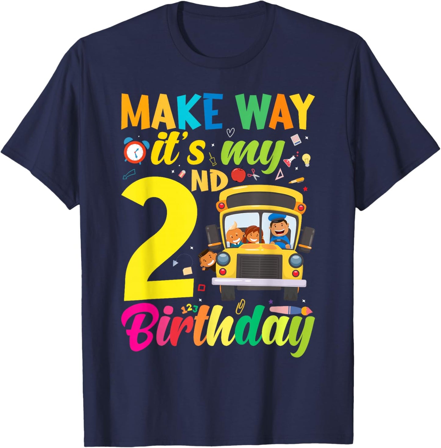 Make way it's my 2nd birthday School Bus Theme kids Party T-Shirt - T-Shirt | Navy