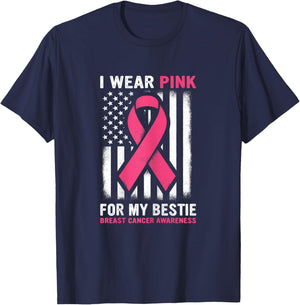 I Wear Pink For My Bestie Breast Cancer Awareness USA Flag T-Shirt - T-Shirt | Navy