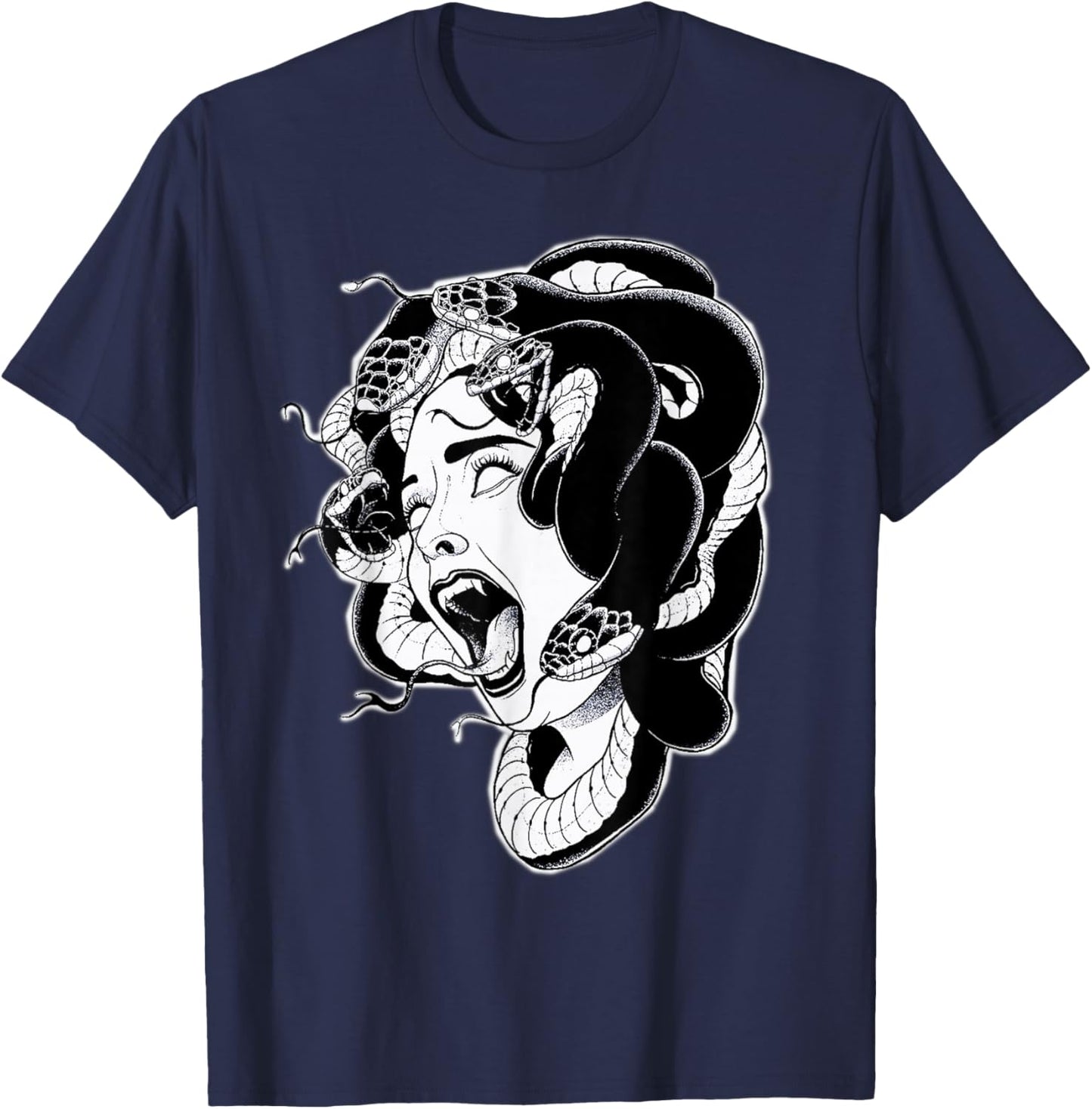 Medusa Blackwork Tattoo Flash T-Shirt - T-Shirt | Navy