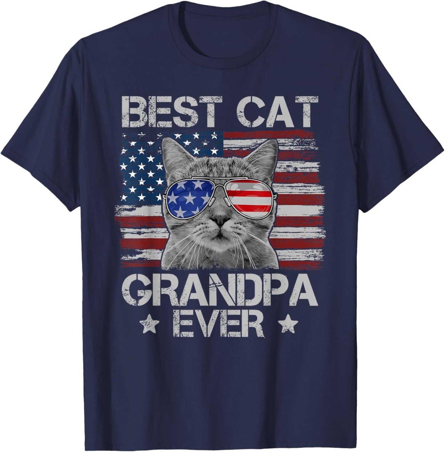 Best Cat Grandpa Ever American Flag Patriotic 4th of July T-Shirt - T-Shirt | Navy