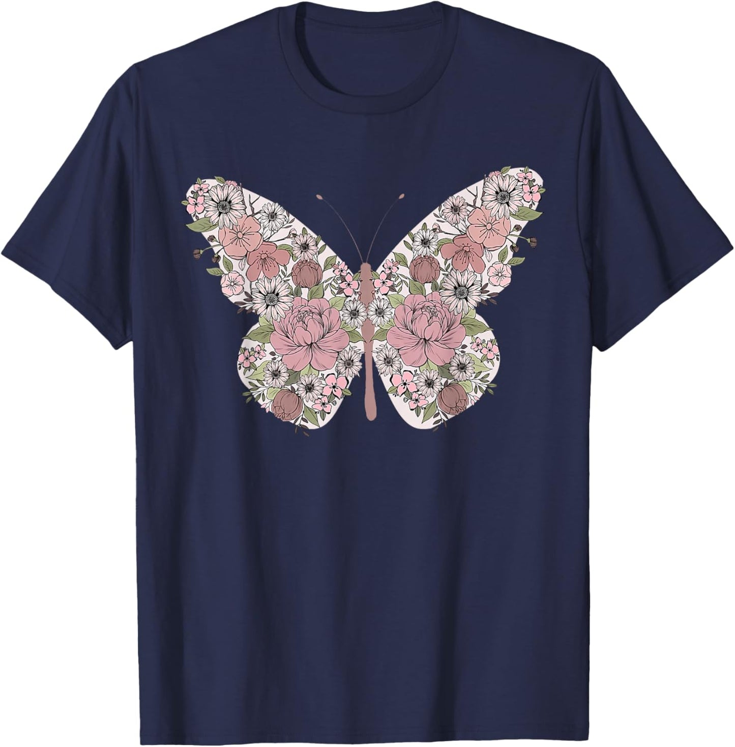 Boho Floral Butterfly Wild Flowers T-Shirt - T-Shirt | Navy