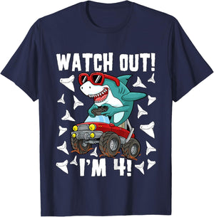 4 Years Old 4th Birthday Shark Boy Girl Monster Truck Gamer T-Shirt - T-Shirt | Navy