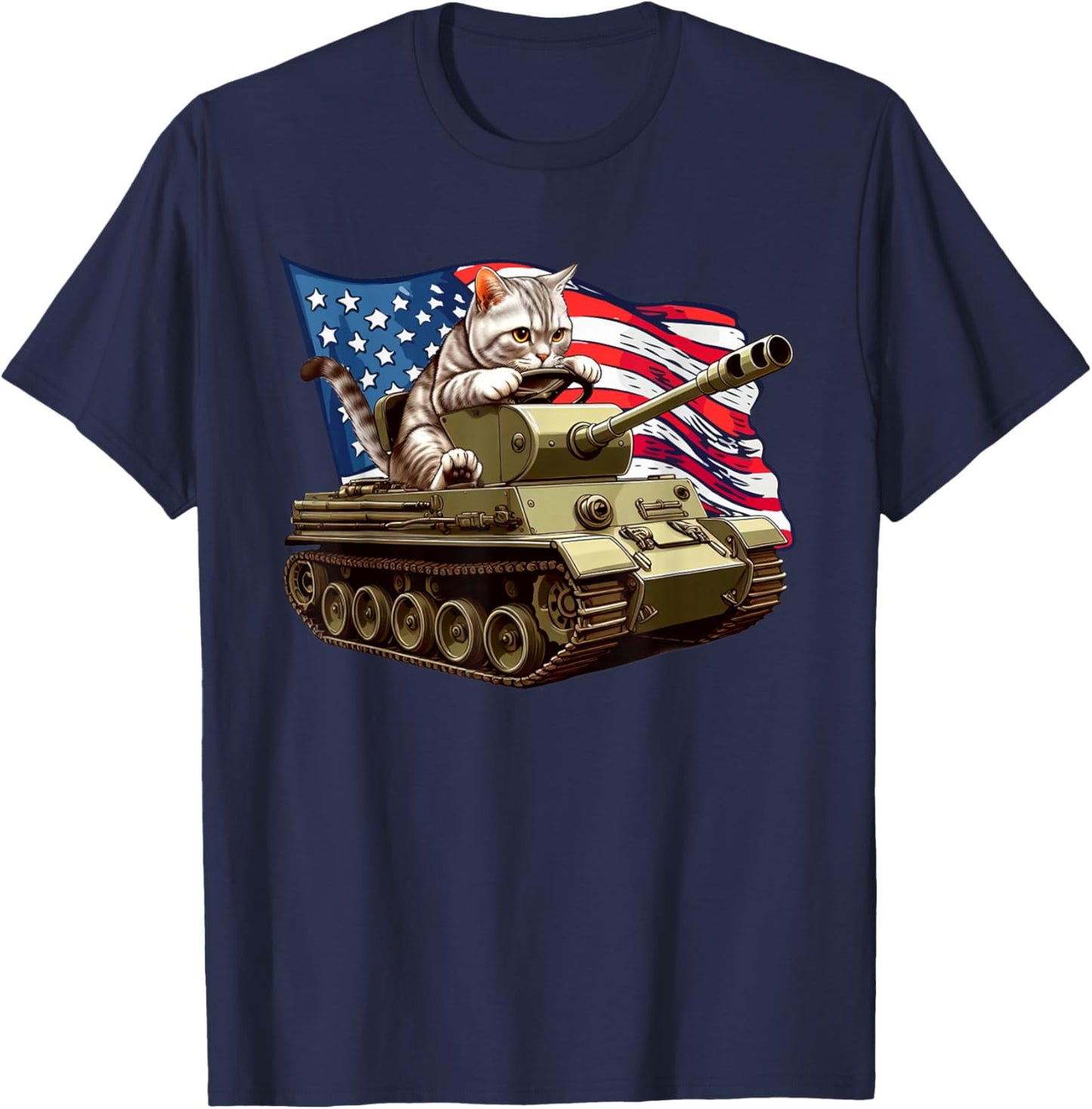 Cat Driving Army Tank American Flag Military Cat Lovers T-Shirt - T-Shirt | Navy