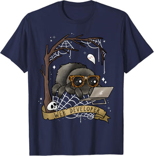 Web Developer Funny Spooky Cute Spider Halloween Computer T-Shirt - T-Shirt | Navy