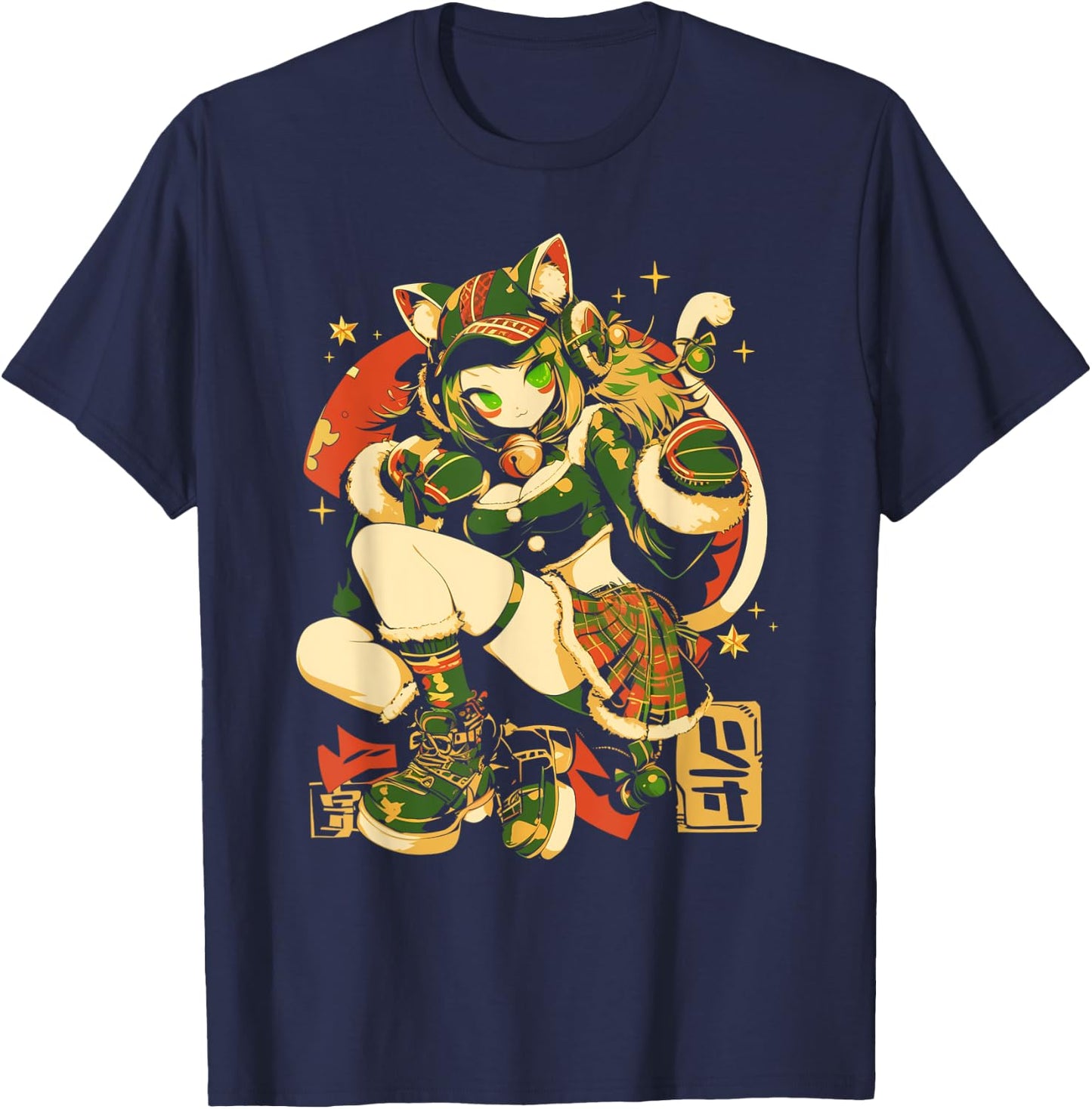 Alternative Christmas Manga Japan Anime Woman co. Christmas Cat Girl Anime Waifu Kawaii Japan Holiday Cute T-Shirt - T-Shirt | Navy
