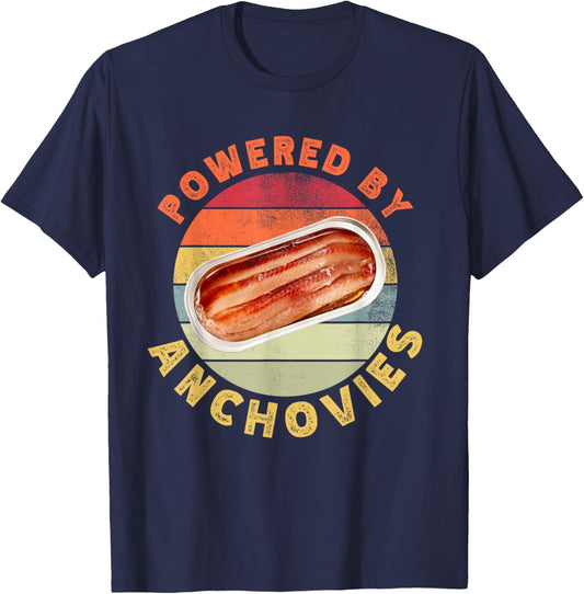 Powered By Anchovies Funny Retro Seafood Fish Food Lover T-Shirt - T-Shirt | Navy