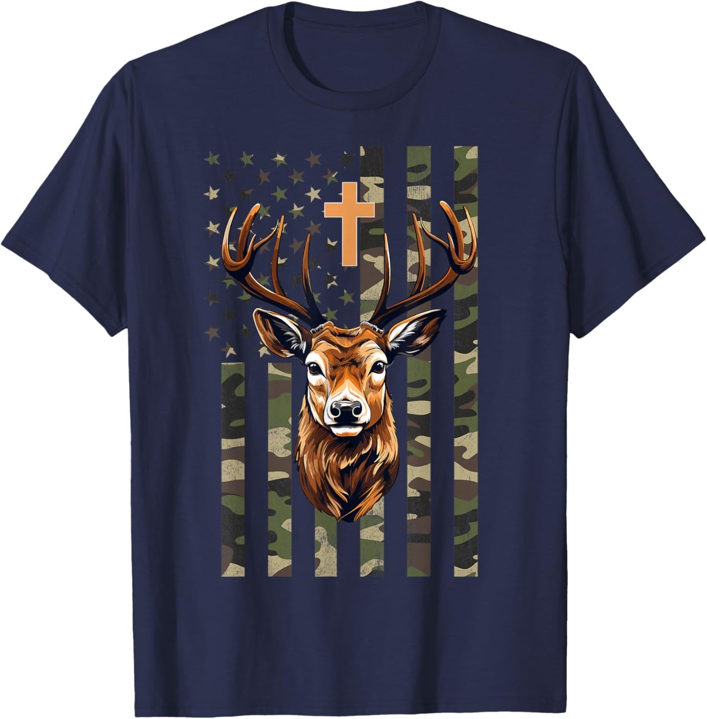 Christian Deer Hunting Camo American Flag, Christian Hunting T-Shirt - T-Shirt | Navy