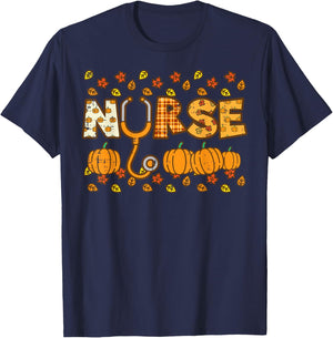 Plaid Nurse Pumpkin Thanksgiving Scrub Fall Nursing Women T-Shirt - T-Shirt | Navy
