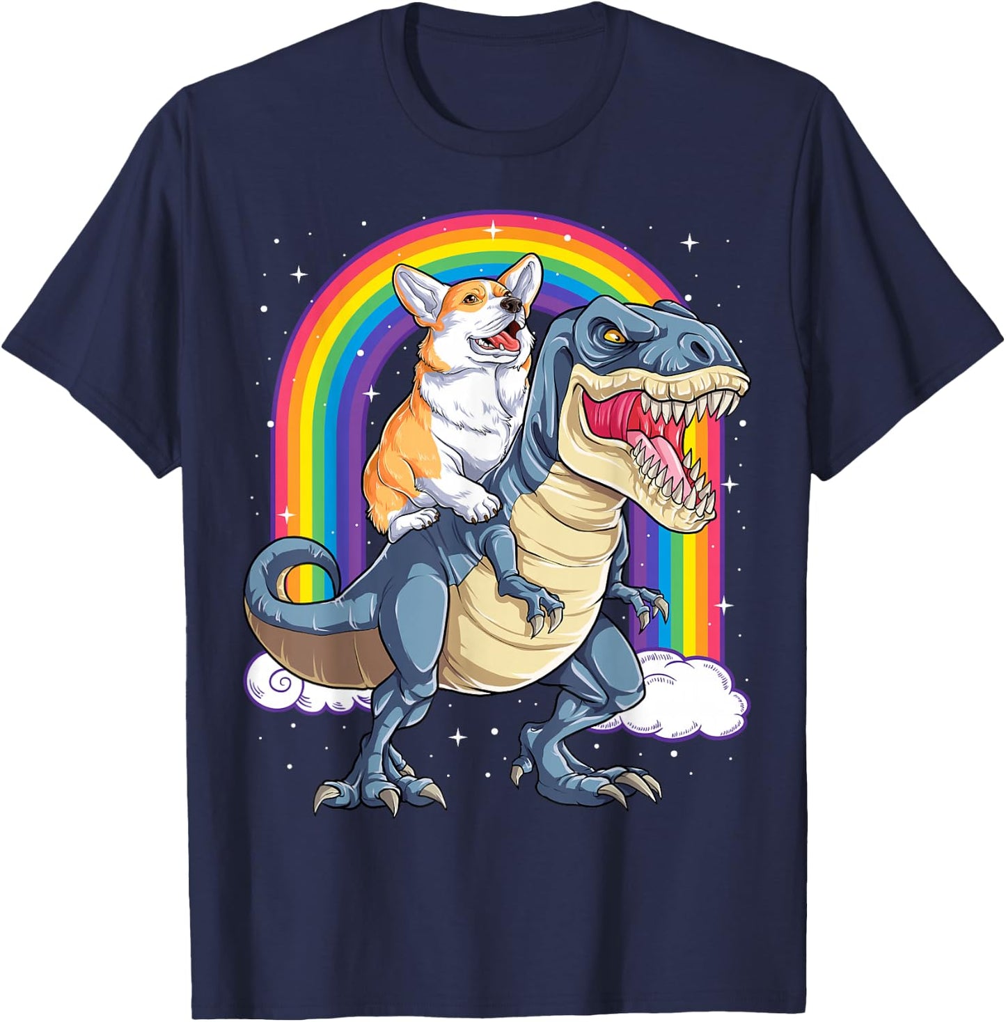 Corgi Riding Dinosaur T-rex Boys Girls Space Galaxy Rainbow T-Shirt - T-Shirt | Navy