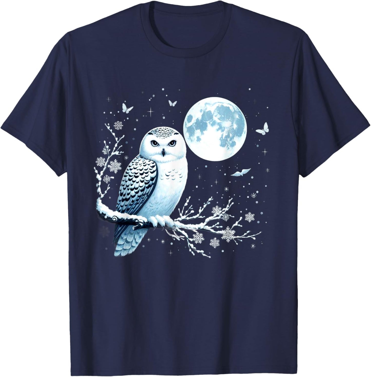 Snowy Owl Moon Snow Falling Snowy Owl Bird Lovers Art T-Shirt - T-Shirt | Navy
