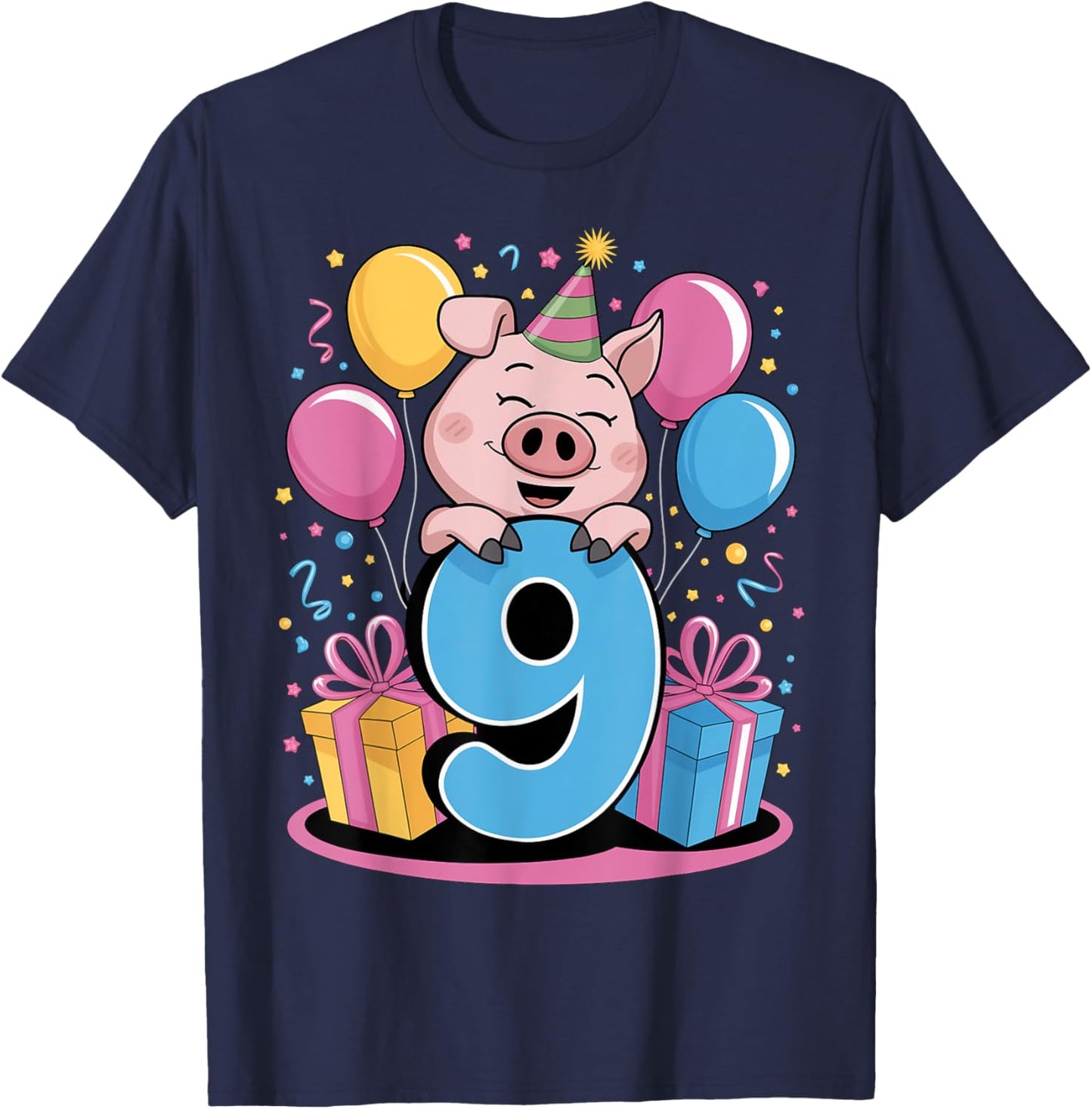 Pig 9th birthday for boy girl 9 years old ninth nine Pig T-Shirt - T-Shirt | Navy